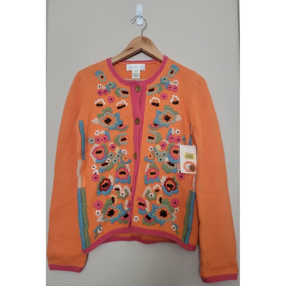 Susan Bristol Orange Sweater Cardigan Embriodered Flowers Boho Sz S New Y2K